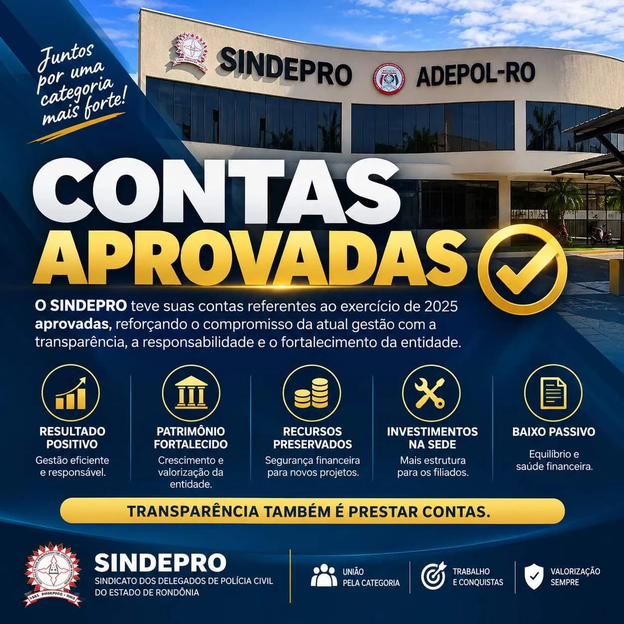 Contas aprovadas: Resultados do exercício demonstram equilíbrio financeiro, crescimento patrimonial e fortalecimento da estrutura do Sindepro